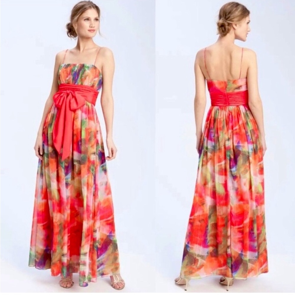 Eliza J. Multi -color Floral Gown, lined, with front bow sash NWT